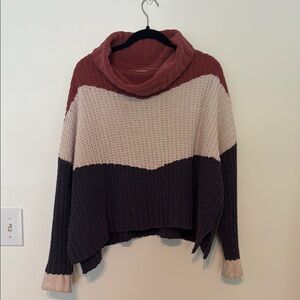 Orange and Cream Cowl Neck Sweater‎ with Ribbed Knit